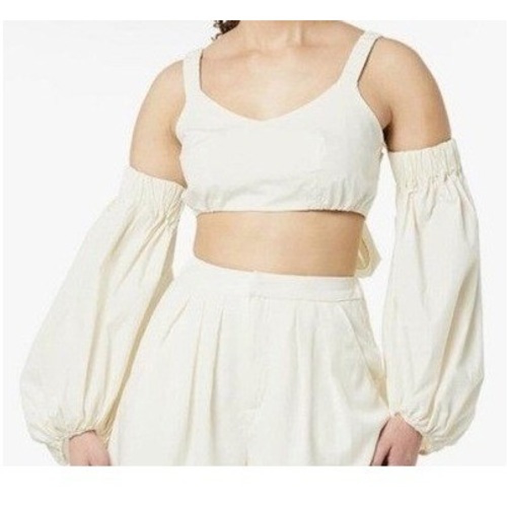 Terea Andrea Pitter Puff Sleeve Tie Back Crop Top Gardenia White Womens XL